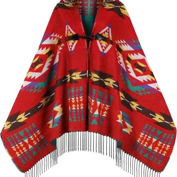 Other - Women's Bohemian Shawl Fringe Poncho Vintage Patterned Cozy Wrap Lightweight